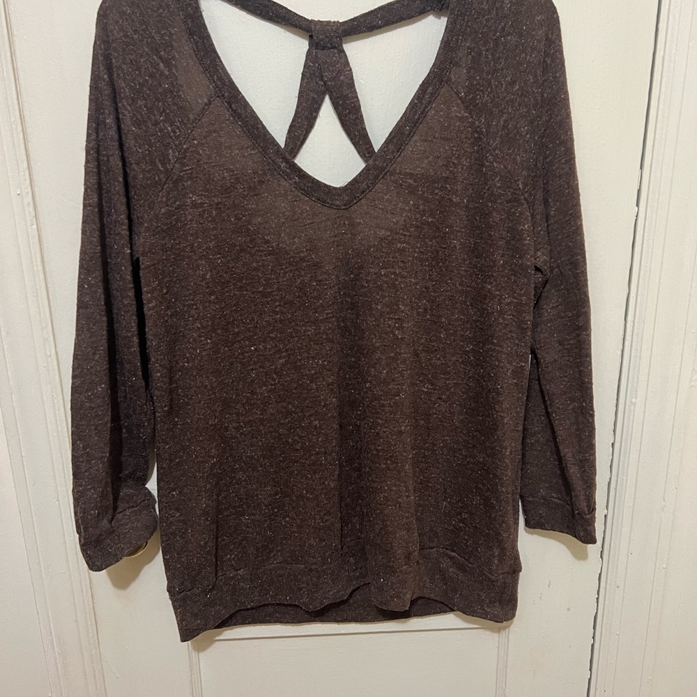 Brown Gray 3/4 Sleeve Backless Blouse